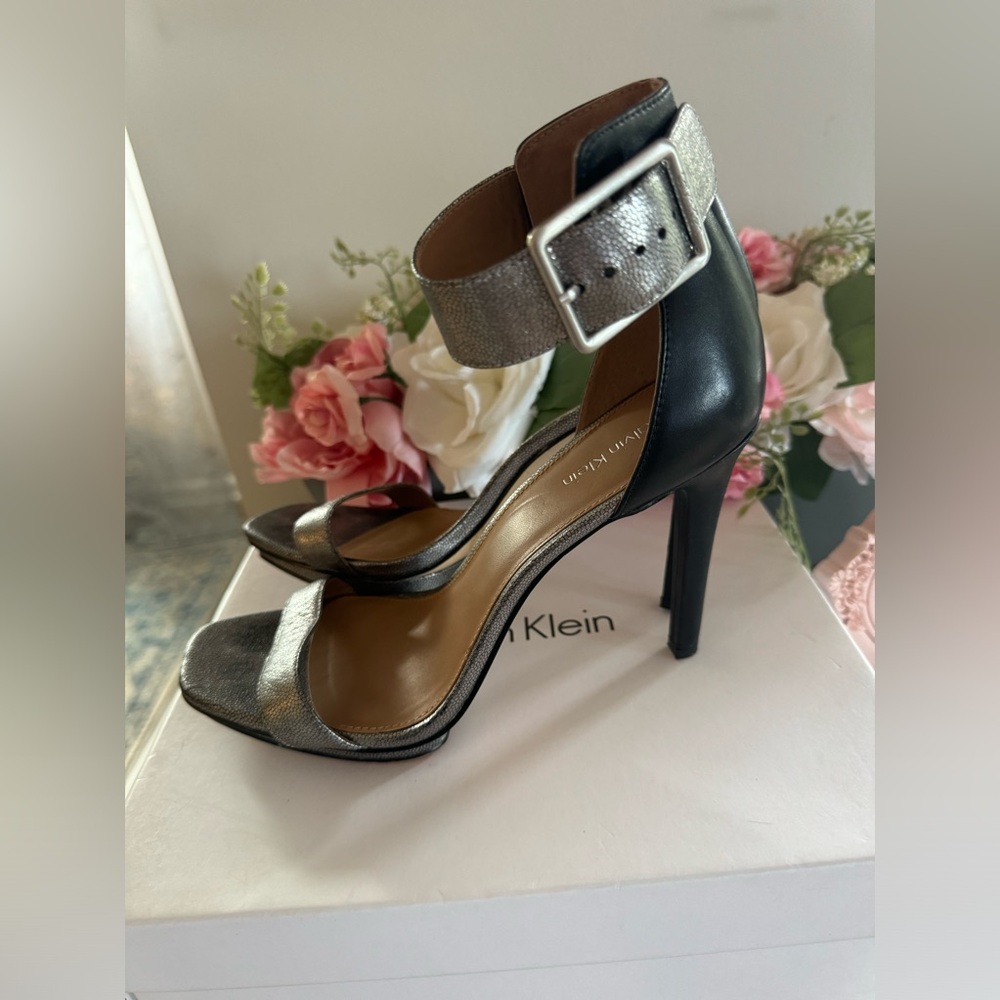 Calvin Klein Black and Silver Ankle Strap High Heels
